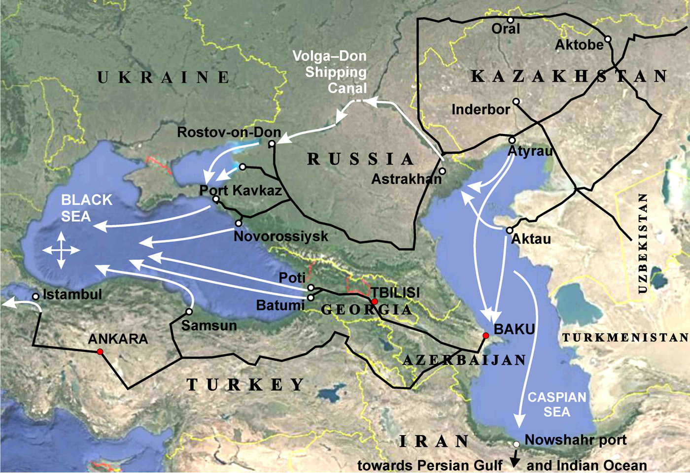 

Die Karte zeigt die verschiedenen Routen für den Transport von Salz.

Kasachstan sciencers vorgeschlagen, Salz auf den Ozean.

